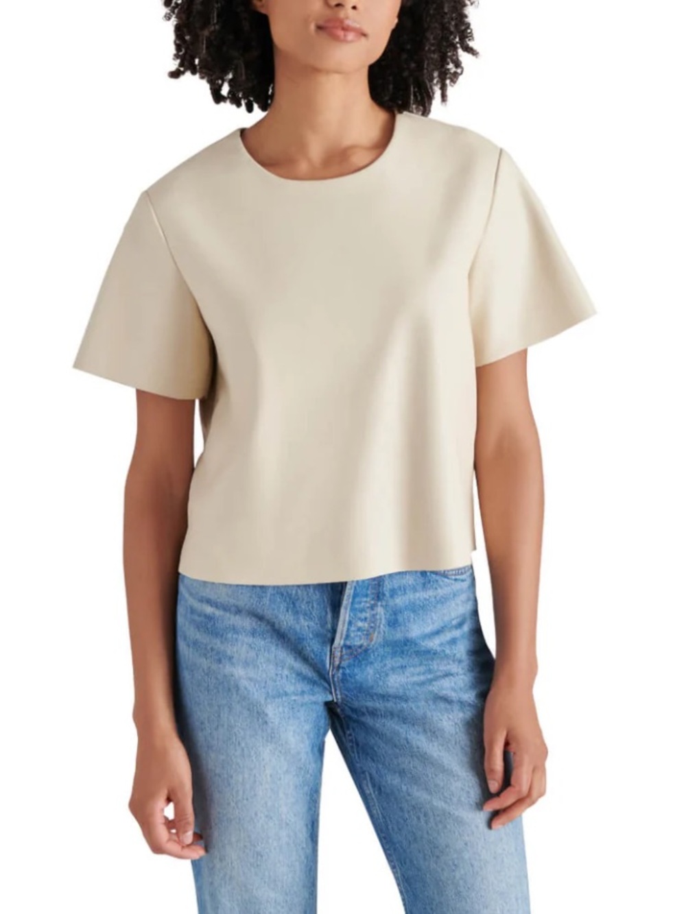 Women's Cream Short-Sleeve faux leather Boxy Top with Back Zip